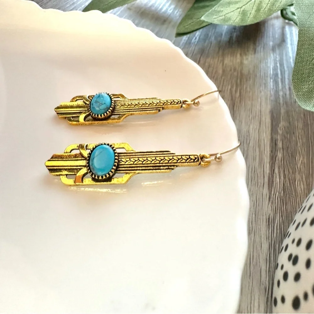 2/$30🌵 Gold Turquoise Stone Art Deco Earrings Vintage Style Gatsby Jewelry NEW